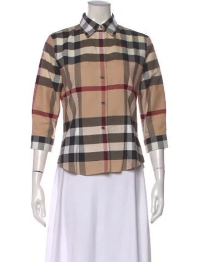Pre-owned Burberry Plaid Print Three-quarter Sleeve Button-up Top In Brown