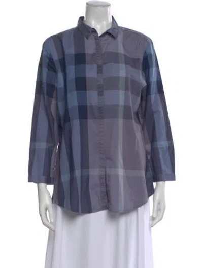 Pre-owned Burberry Plaid Print Three-quarter Sleeve Button-up Top W/ Tags In Purple