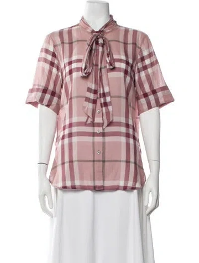 Pre-owned Burberry Plaid Print Tie Neck Blouse In Pink
