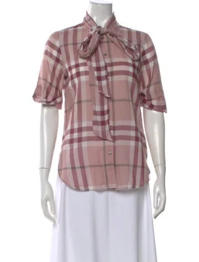 Pre-owned Burberry Plaid Print Tie Neck Blouse In Pink