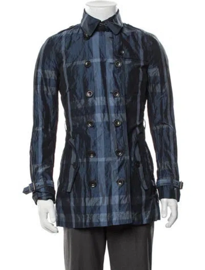 Pre-owned Burberry Plaid Print Trench Coat In Blue
