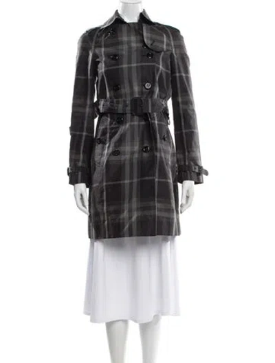 Pre-owned Burberry Plaid Print Trench Coat In Gray