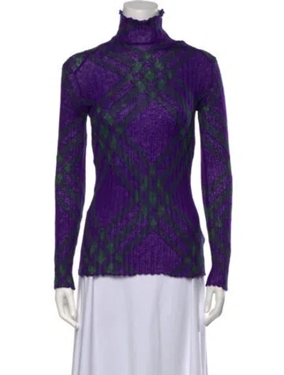 Pre-owned Burberry Plaid Print Turtleneck Sweater W/ Tags In Purple