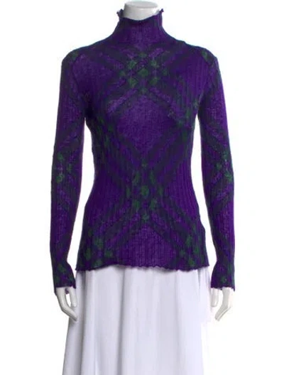 Pre-owned Burberry Plaid Print Turtleneck Sweater W/ Tags In Purple