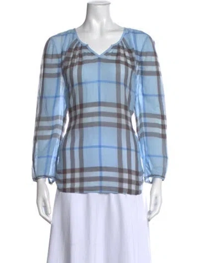 Pre-owned Burberry Plaid Print V-neck Blouse In Blue