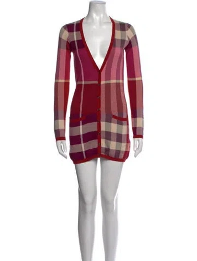 Pre-owned Burberry Plaid Print V-neck Sweater In Purple/red
