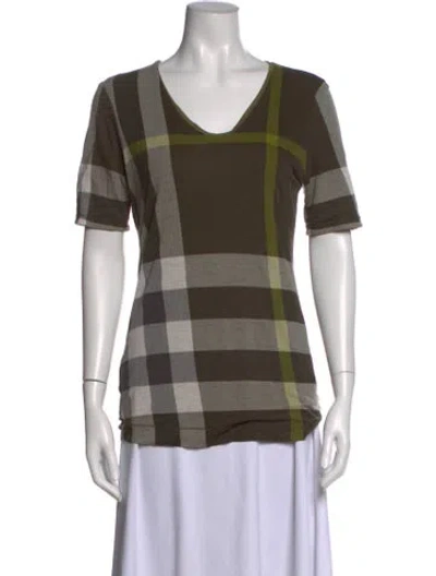 Pre-owned Burberry Plaid Print V-neck T-shirt In Green