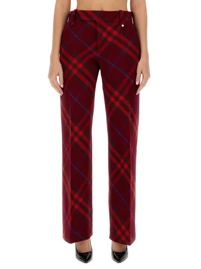 Burberry Plaid Red Wool Pants With High Waist And Straight Legs