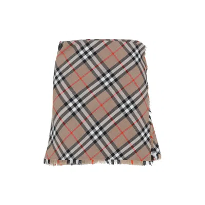 Burberry Plaid Skirt With Frayed Hem In Brown