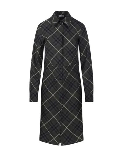 Burberry Plaid Tailored Dress With Button-down Front And Collared Neckline In Green