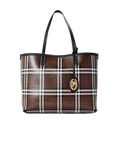 Burberry Plaid Tote Bag In Brown
