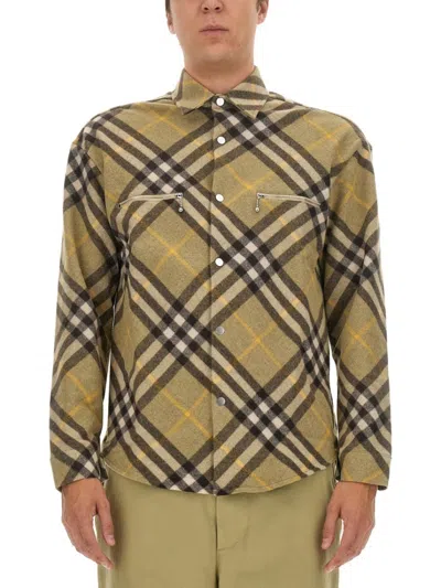 Burberry Plaid Wool Shirt With Zippered Chest Pockets In Neutrals