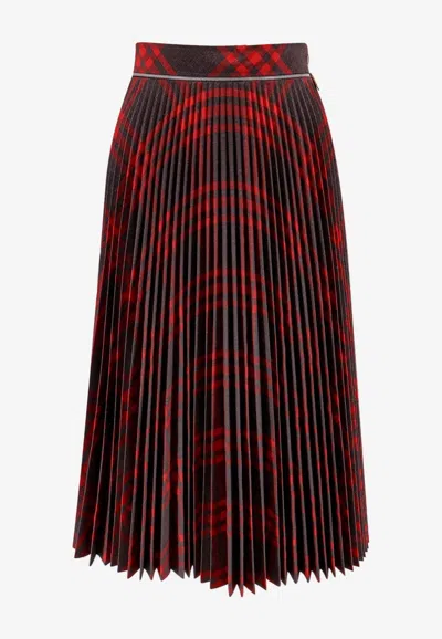 Burberry Pleated Check Midi Skirt In Red