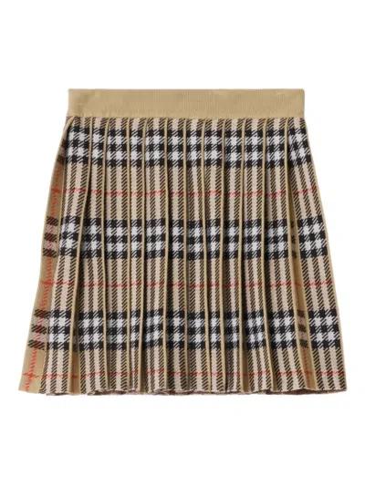 Burberry Kids Pleated Checked Blend Skirt In Brown