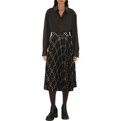 Burberry Pleated Check Wool Blend Midi Skirt