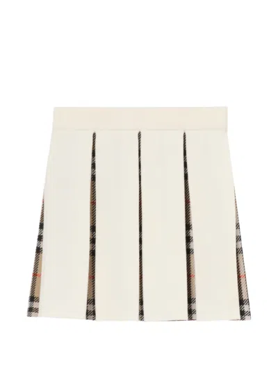 Burberry Kids' Pleated Check Wool Blend Skirt In White