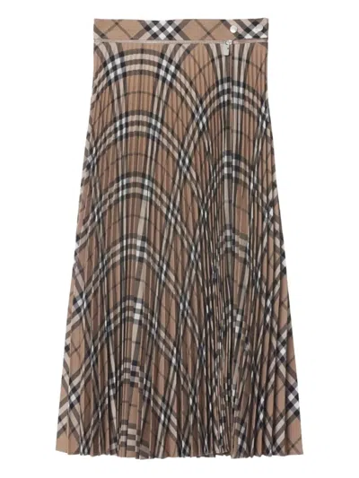 BURBERRY PLEATED CHECK WOOL MIDI SKIRT