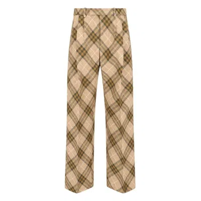 Burberry Pleated Check Wool Tailored Trousers In Brown
