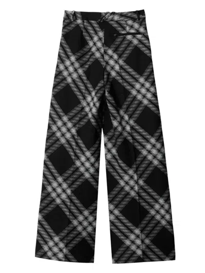 Burberry Pleated Check Wool Trousers In Black