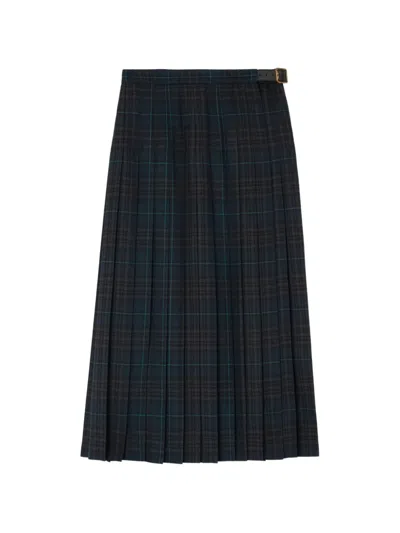 Burberry Pleated Check Wool-blend Skirt In Blue