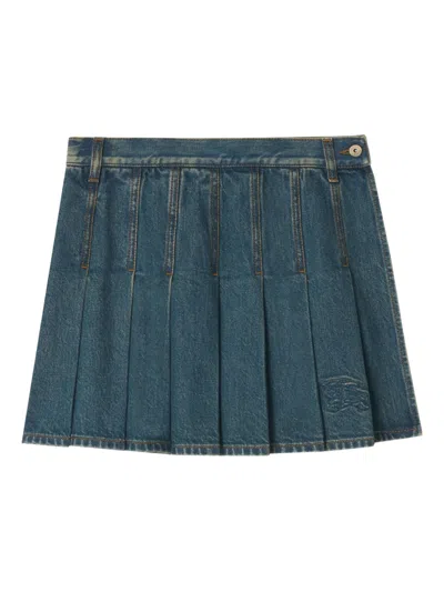 Burberry Pleated Denim Mini Skirt With Side Button Closure And Equestrian Knight Hem Embroidery In Blu