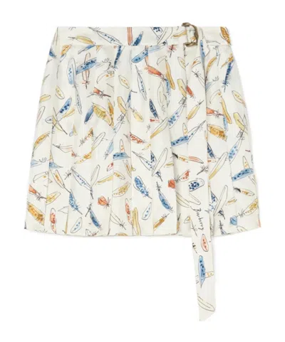 Burberry Pleated Feather-print Silk Mini Skirt In White