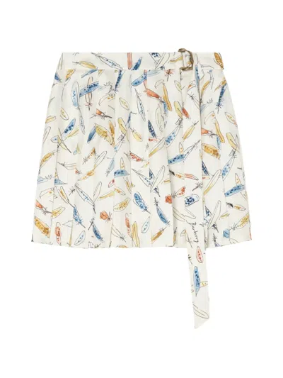 Burberry Pleated Feather-print Silk Mini Skirt In White