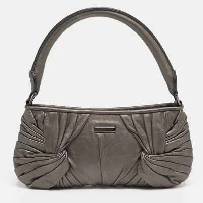 Pre-owned Burberry Pleated Knot Metallic Dark Grey Leather Hobo In Gray