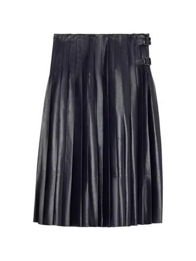 Burberry Pleated Leather Skirt In Blue