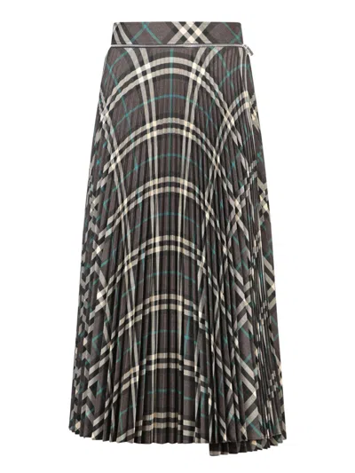 Burberry Pleated Midi Skirt With Classic Check And Turquoise Accents In Grey