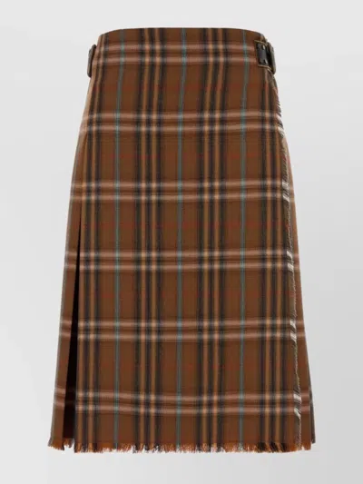 Burberry Pleated Skirt With Frayed Hem And Buckles In Brown