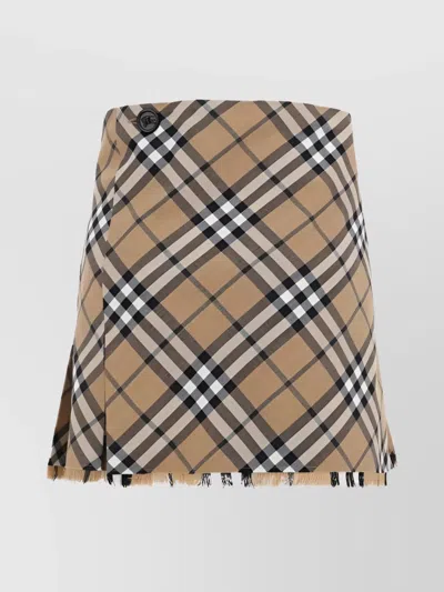 Burberry Pleated Wool Mini Skirt With Belted Waist In Brown