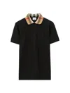 Burberry Check Collar Cotton Polo Shirt In Black