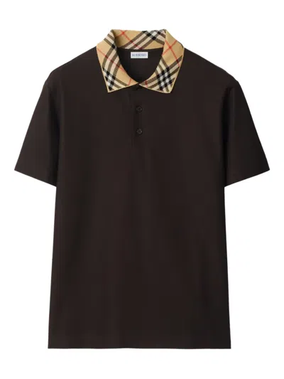Burberry Check Collar Cotton Polo Shirt In Black