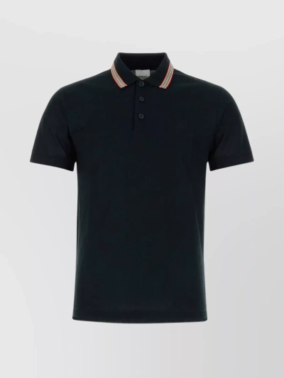 Burberry Polo Shirt With Side Slits And Striped Collar Embroidery In Blue