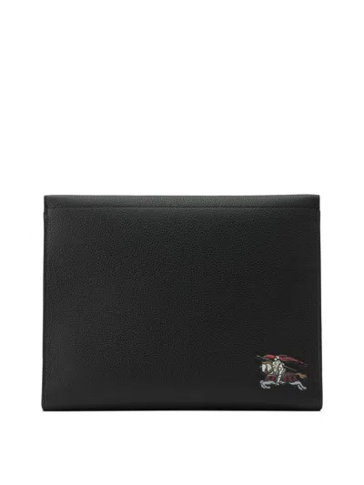 Burberry Textured Leather Clutch Embroidered Detail In Black