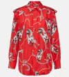 Burberry Chain-print Shoulder-epaulet Button-front Silk Top In Red