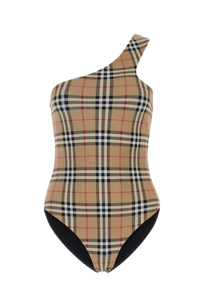 Burberry Check Stretch Nylon Asymmetric Swimsuit In Multicolor