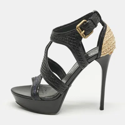 Pre-owned Burberry Prorsum Burberry Black/beige Leather And Raffia Prorsum Platform Sandals Size 38