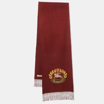 Pre-owned Burberry Prorsum Burberry Brit Burgundy Logo Embroidered Cashmere Fringed Muffler