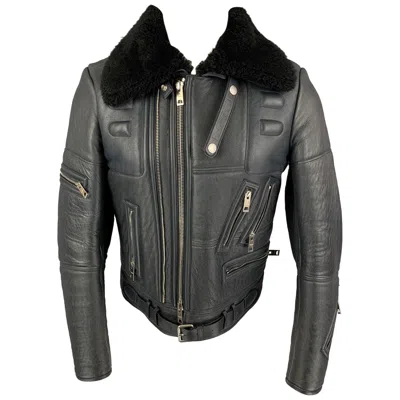 Pre-owned Burberry Prorsum Fw 2010 Size 38 Blue Black Lamb Leather Shearling Biker Jacket