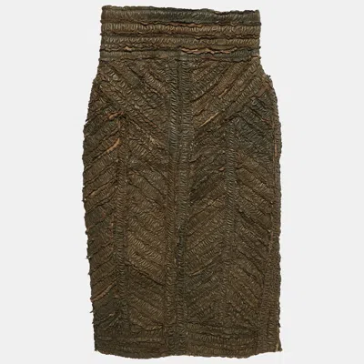 Pre-owned Burberry Prorsum Khaki Green Ruffled Leather Knee Length Skirt S
