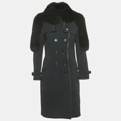 Pre-owned Burberry Prorsum Navy Blue Gabardine Fur Trim Trench Coat S