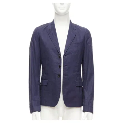 Pre-owned Burberry Prorsum Navy Coated Linen Single Breasted Blazer Jacket It44 Xs In Blue