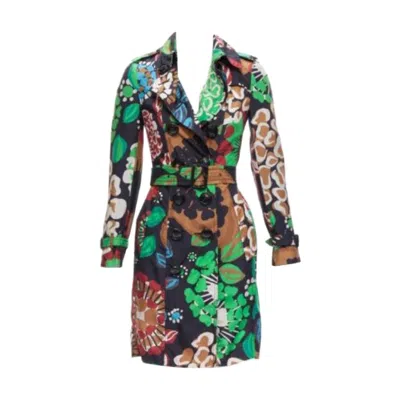 Pre-owned Burberry Prorsum Runway 100% Silk Tropical Floral Print Trench Coat Uk2 Xxs In Black