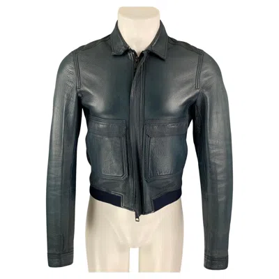 Pre-owned Burberry Prorsum Size S Blue Navy Bonded Leather Blouson Jacket