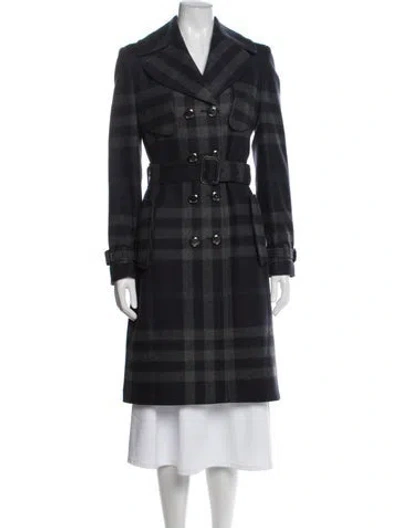 Pre-owned Burberry Prorsum Virgin Wool Plaid Print Trench Coat In Blue