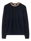Burberry Crew Neck Knitwear With Distinctive Patterned Collar In Blue