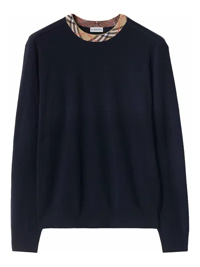 Burberry Row Neck Sweather With Logo In Blue