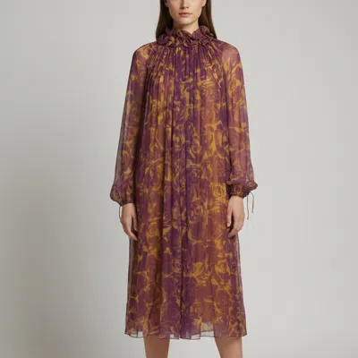 Pre-owned Burberry Purple Rose Print Silk Chiffon Midi Dress Xxs